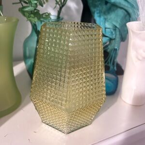 Yellow, viola,cut glass vase. Hexagon shape 8”